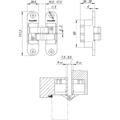 Петля скрытой установки U3D6200L CP левая хром